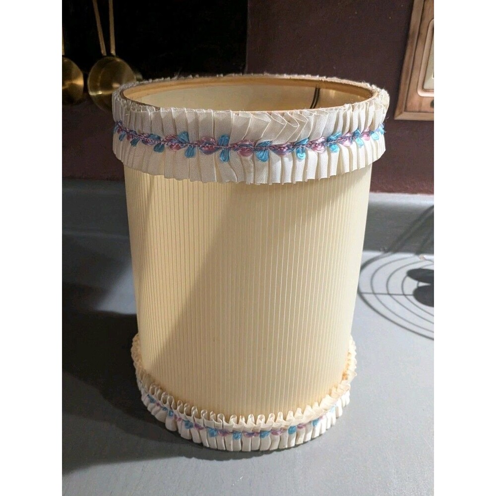 Vintage Ivory Pleated Boudoir Lamp Shade, Pink & Blue Ruffled Ribbon Trim